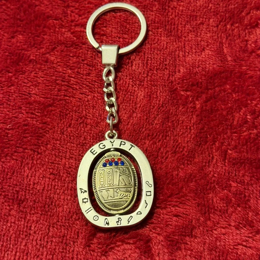 Vintage Egypt‎ Souvenir Keychain Spinning Hieroglyphic Medallion Rhinestone